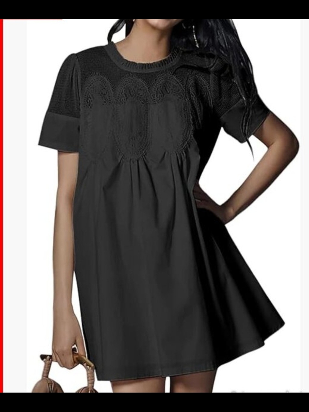 Black Boutique Short Sleeve Babydoll Mini Dress with Mesh Yoke And Bodice